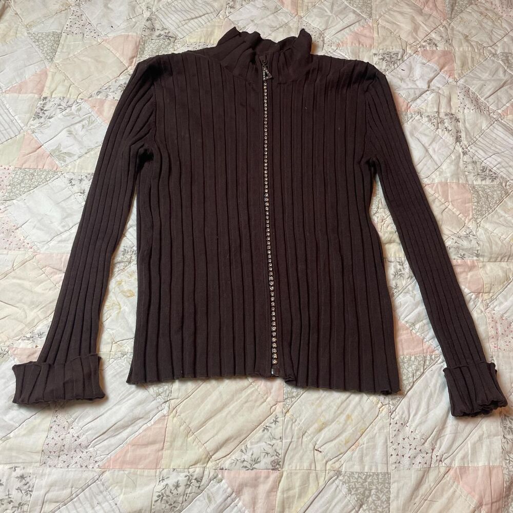 bellini vintage y2k ribbed brown collared zip up jacket with rhinestones large